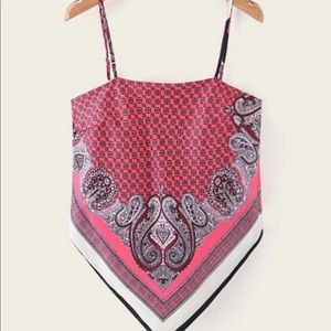 Scarf top v adjustable open back pink paisley